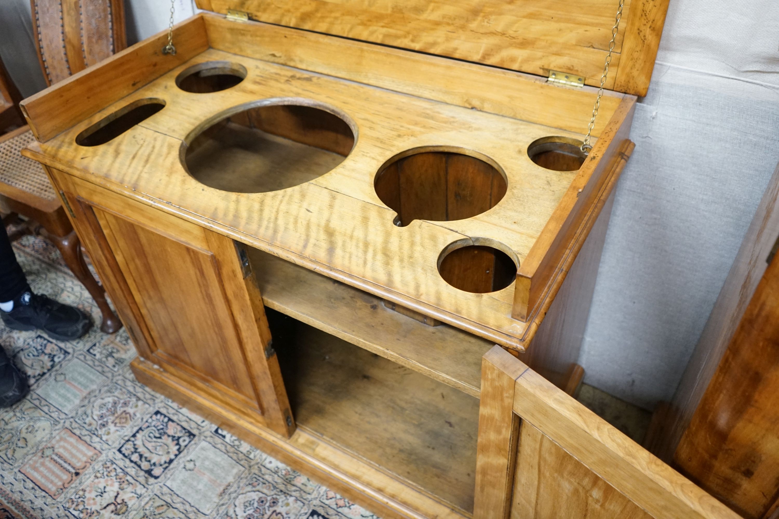 A Victorian satin birch hinged top wash stand, width 104cm, depth 54cm, height 86cm